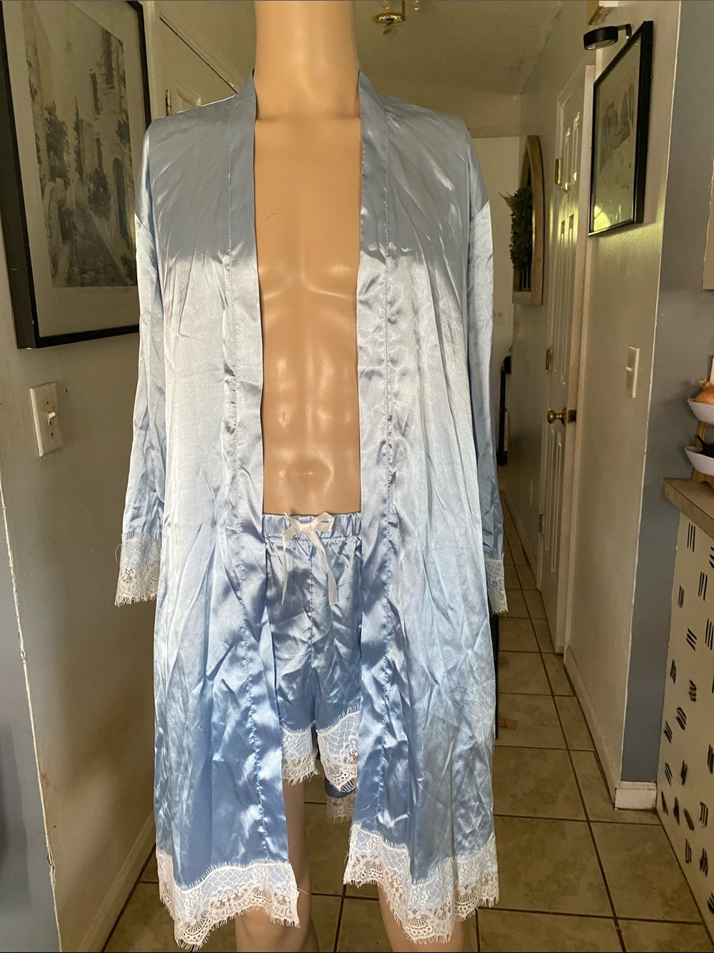 Light Blue Satin Lace-Trim Robe and Short Set - Women's Sleepwear